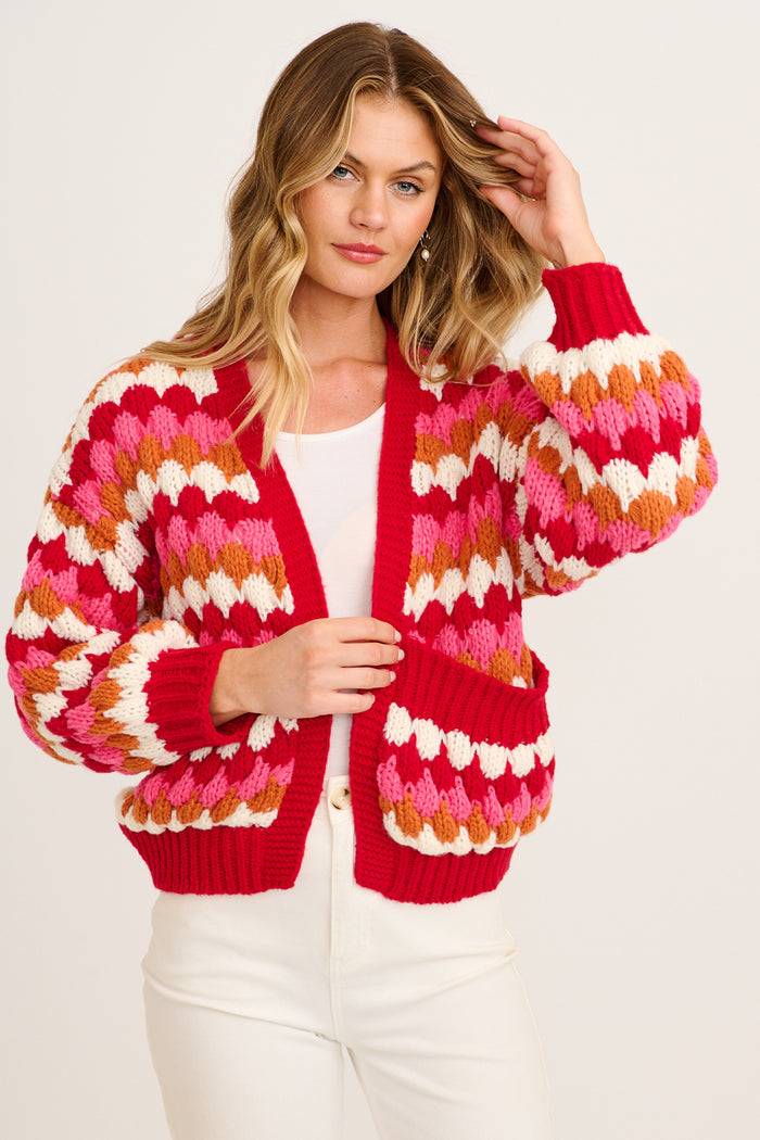 Colour Splash Knit Cardigan in Red Multi Wool Blend front