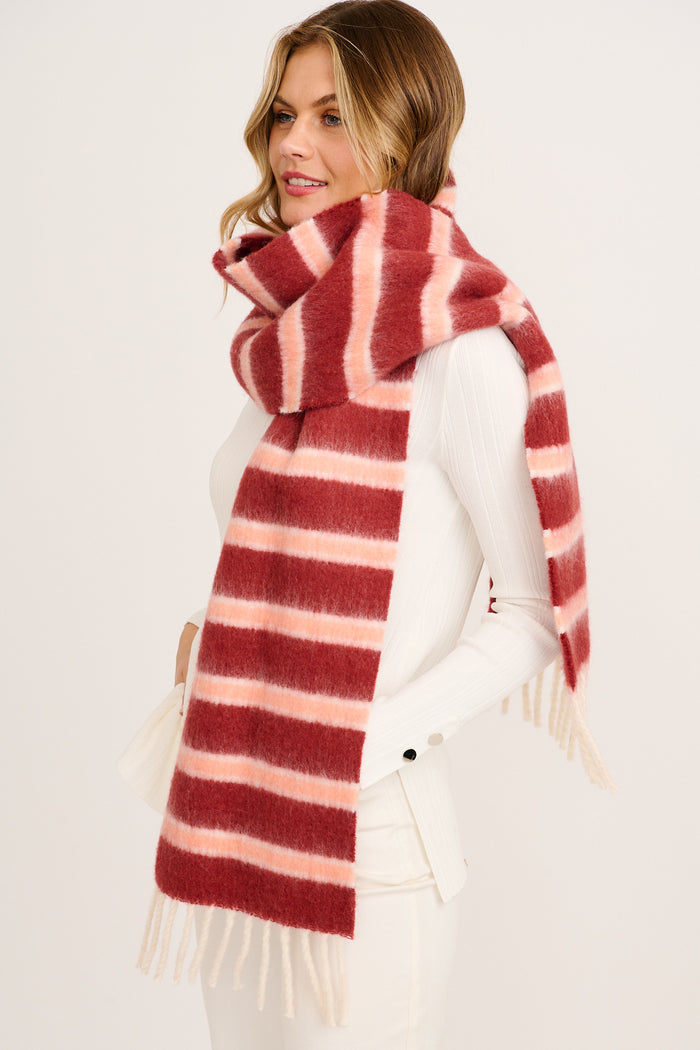 Chloe Knit Scarf in Wine Red and Pink Stripe on model side