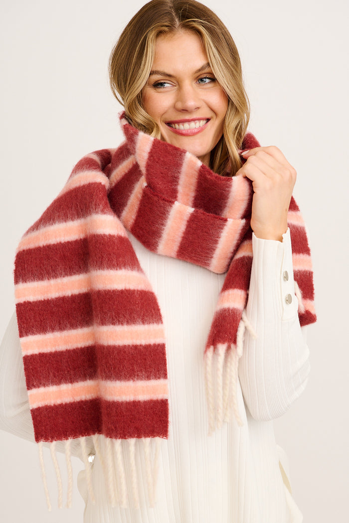 Chloe Knit Scarf in Wine Red and Pink Stripe on model close up