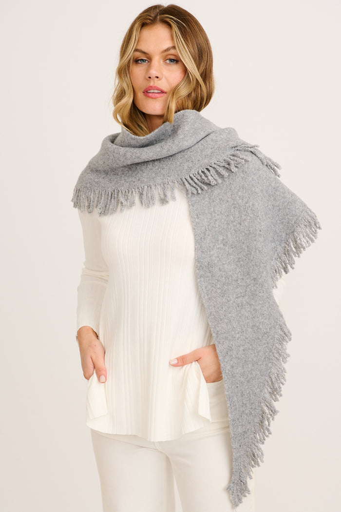 Ariella Triangle Knit Scarf in Charcoal Grey on model front