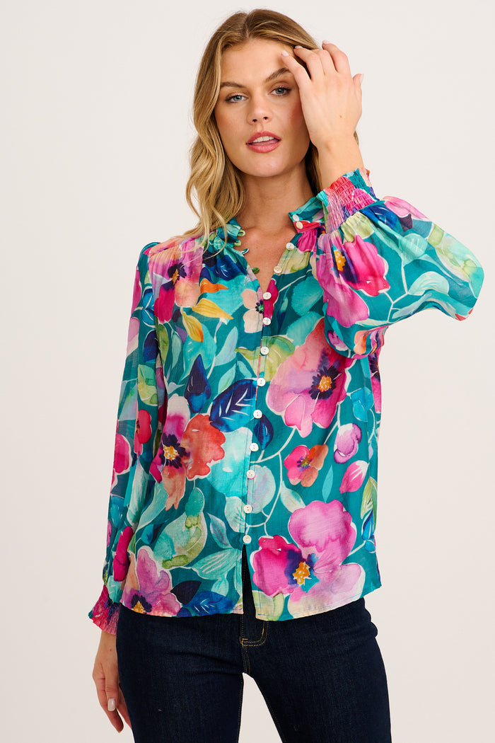 Daphne Top in Green Multi Floral Cotton Blend front