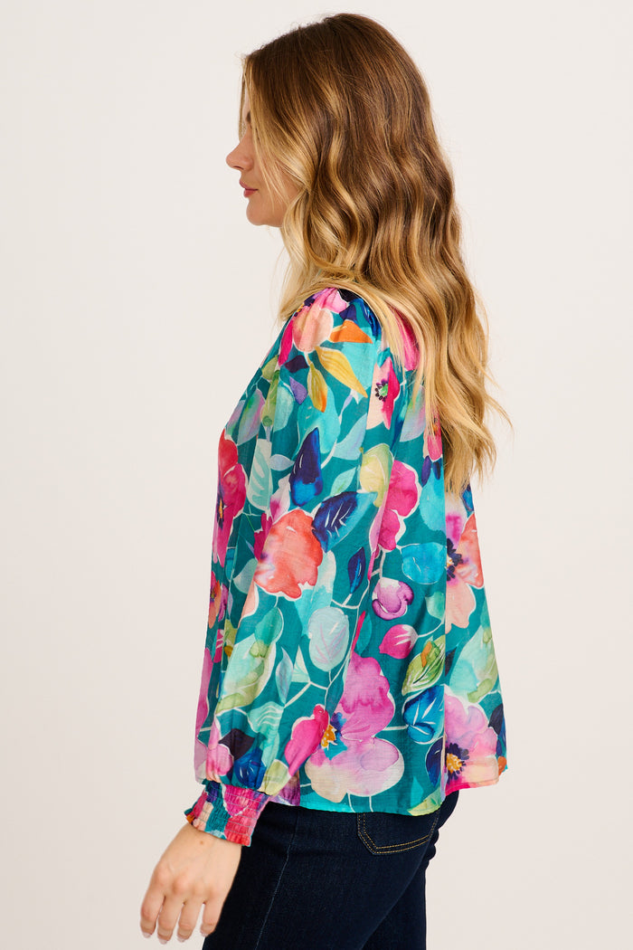 Daphne Top in Green Multi Floral Cotton Blend side