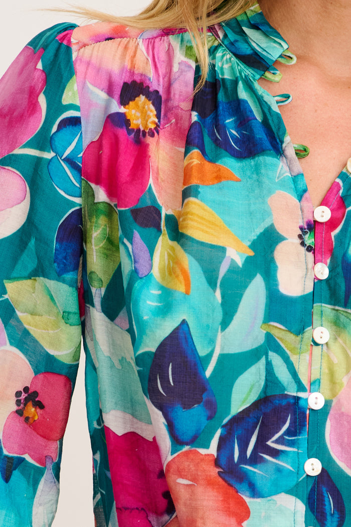 Daphne Top in Green Multi Floral Cotton Blend detail