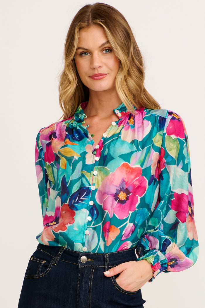 Daphne Top in Green Multi Floral Cotton Blend front