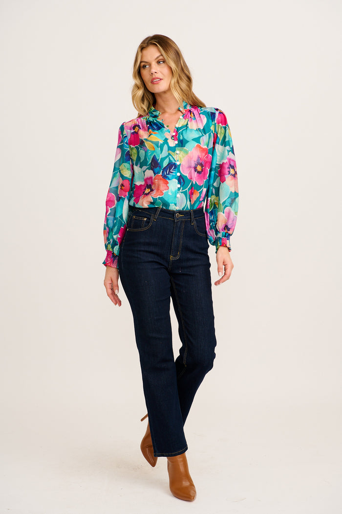 Daphne Top in Green Multi Floral Cotton Blend full length