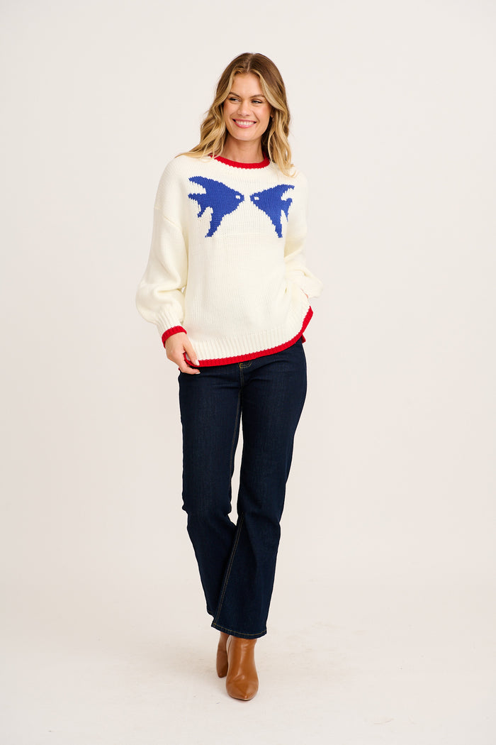 Fair Play Knit in White Graphic Intarsia full length