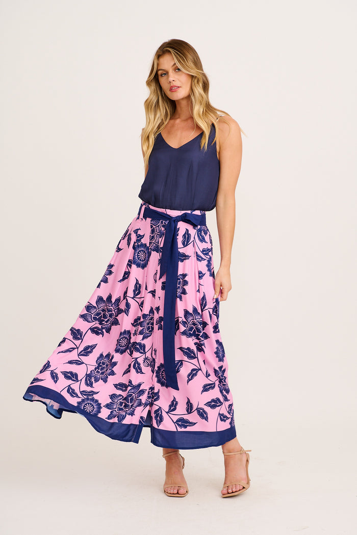 Lakelyn Maxi Skirt in Pink with Navy Floral full length