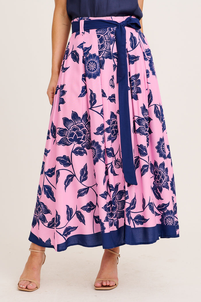Lakelyn Maxi Skirt in Pink with Navy Floral front