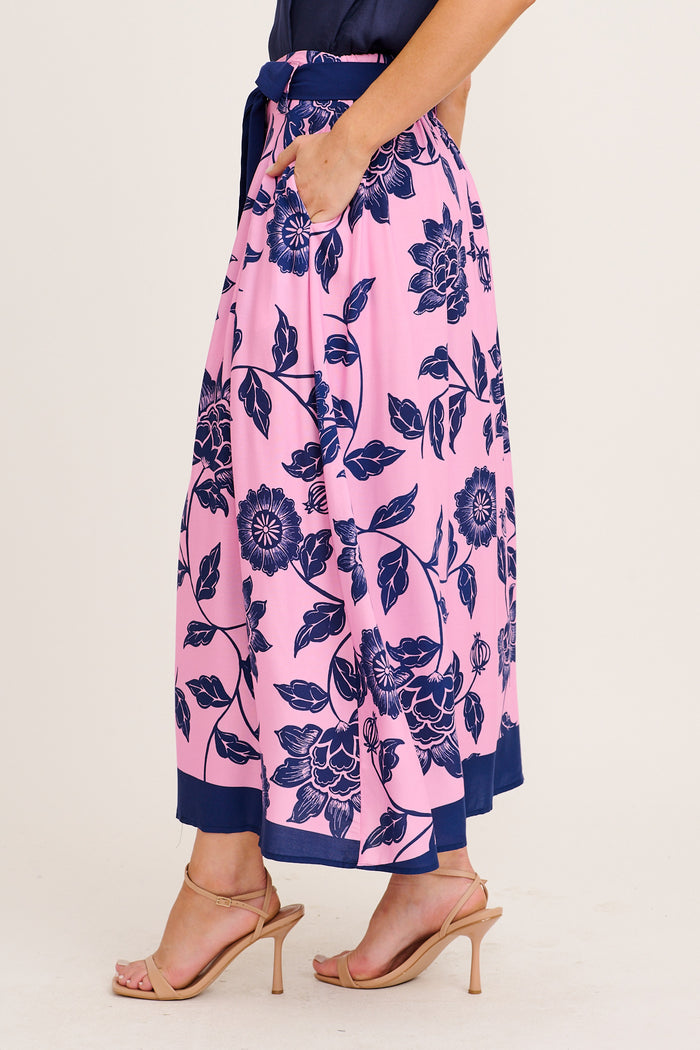 Lakelyn Maxi Skirt in Pink with Navy Floral side