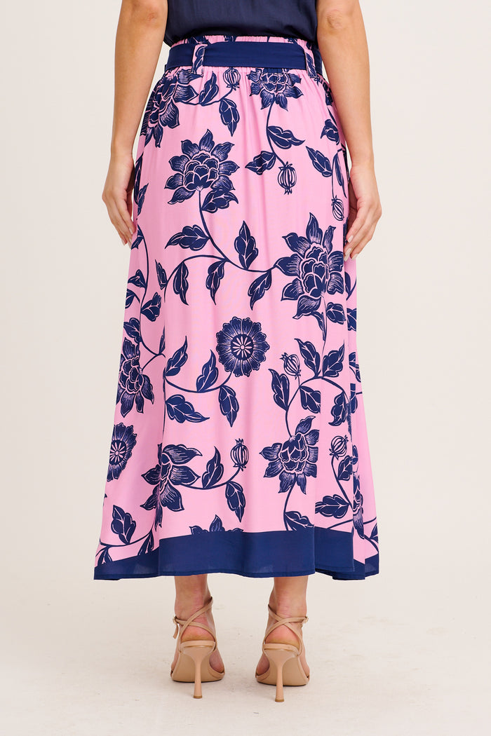 Lakelyn Maxi Skirt in Pink with Navy Floral back