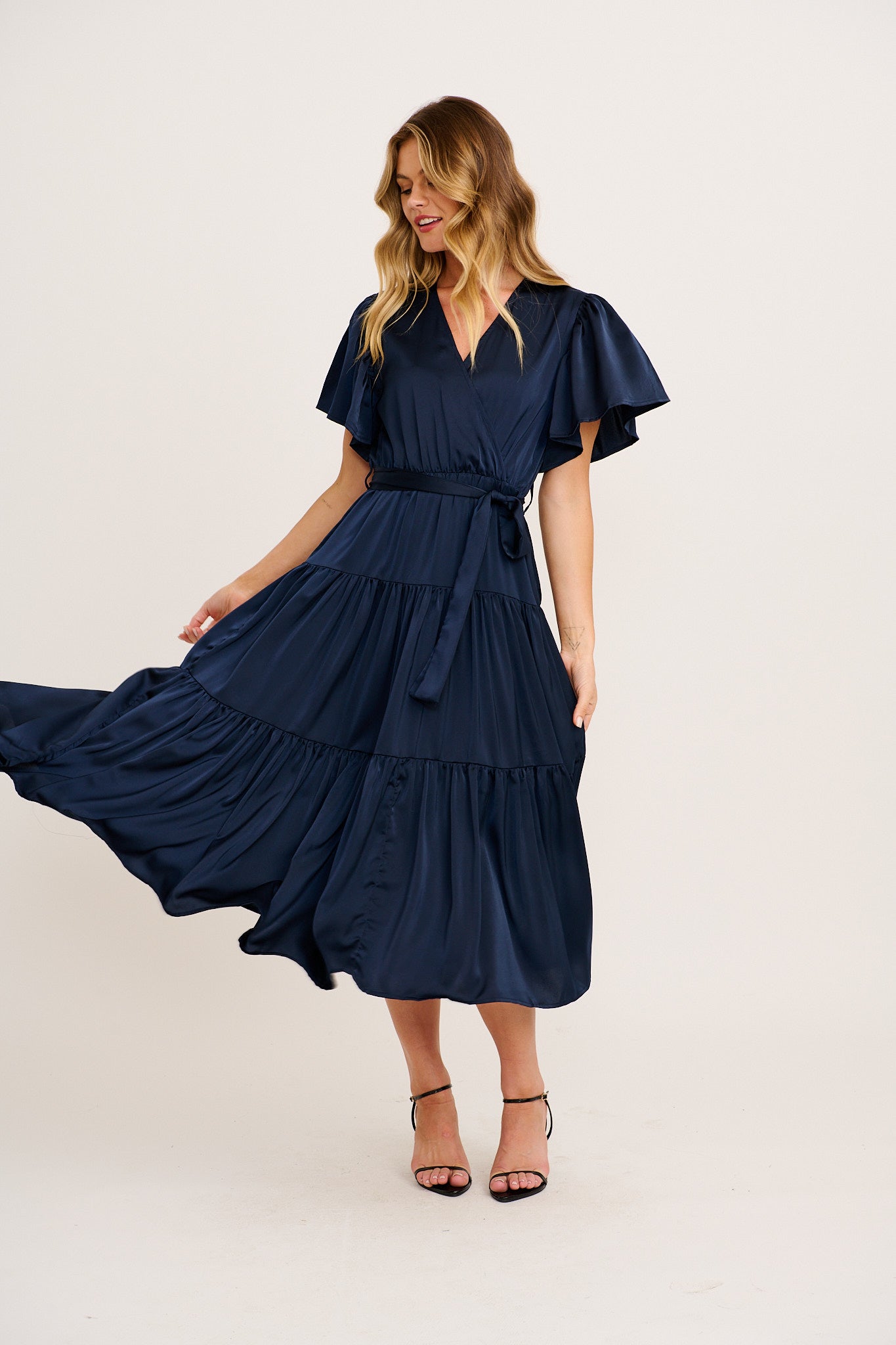 Radiant Petal Midi Dress in Navy Satin full length