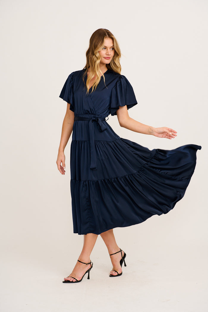 Radiant Petal Midi Dress in Navy Satin side