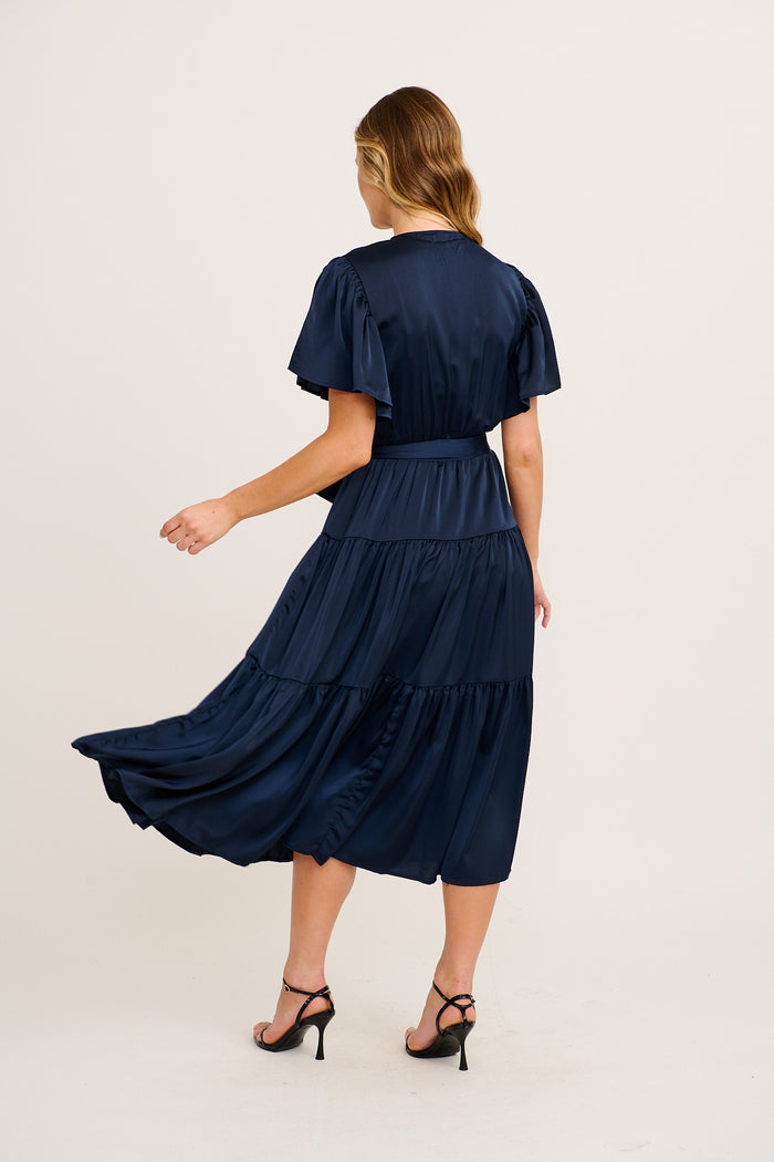 Radiant Petal Midi Dress in Navy Satin back