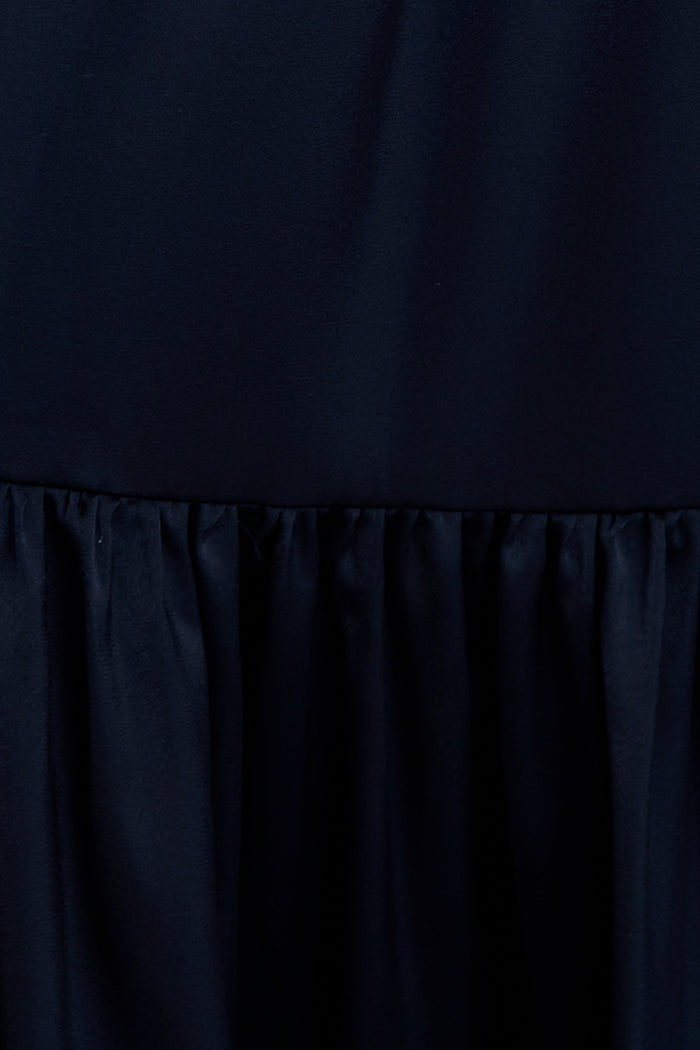 Radiant Petal Midi Dress in Navy Satin fabric