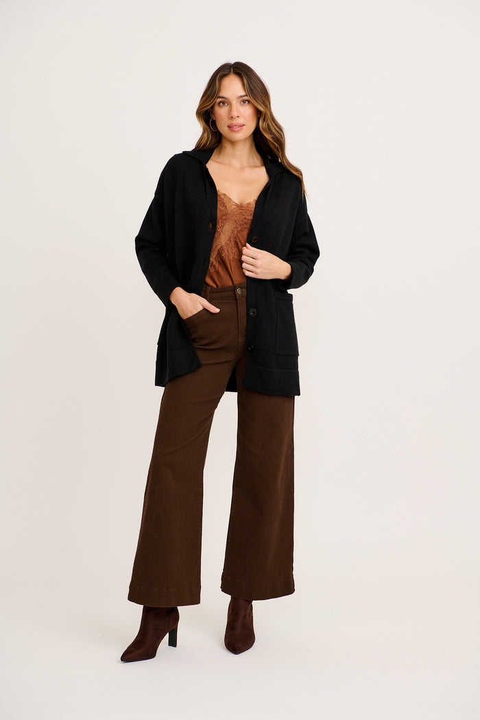 Meera Knit Cardigan in Black Cotton Blend full length