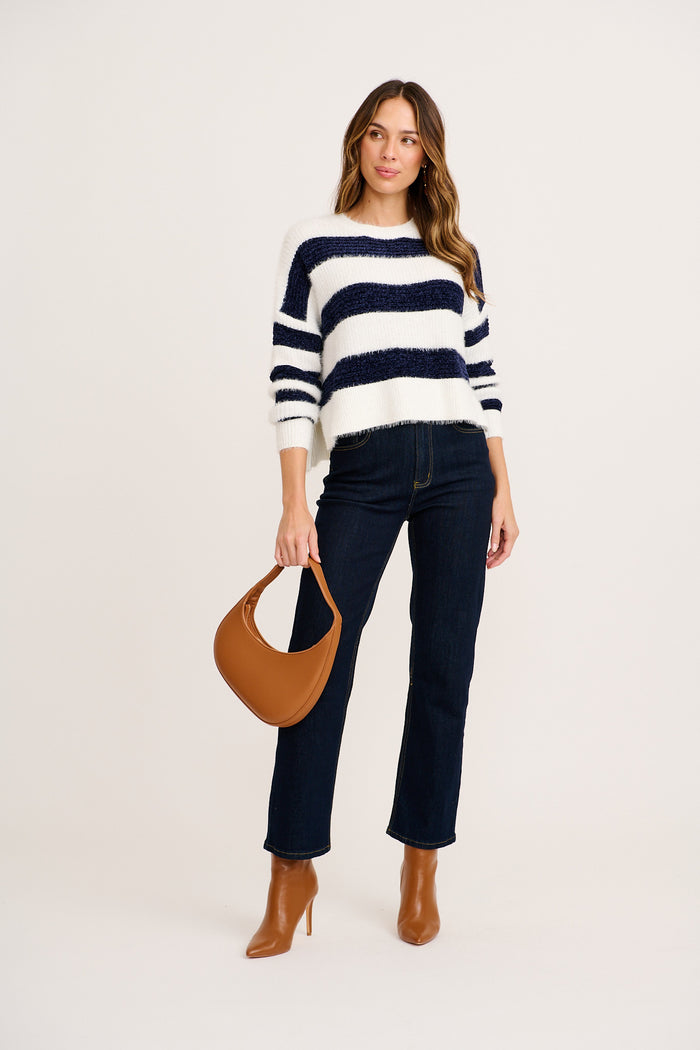 Joya Knit in White with Navy Stripe full length
