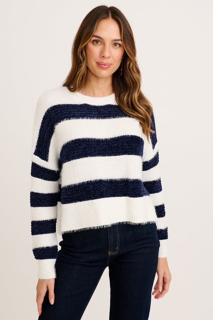 Joya Knit in White with Navy Stripe front