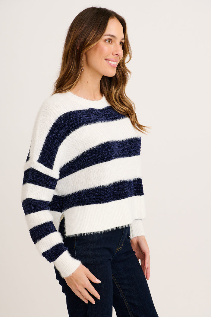 Joya Knit in White with Navy Stripe side