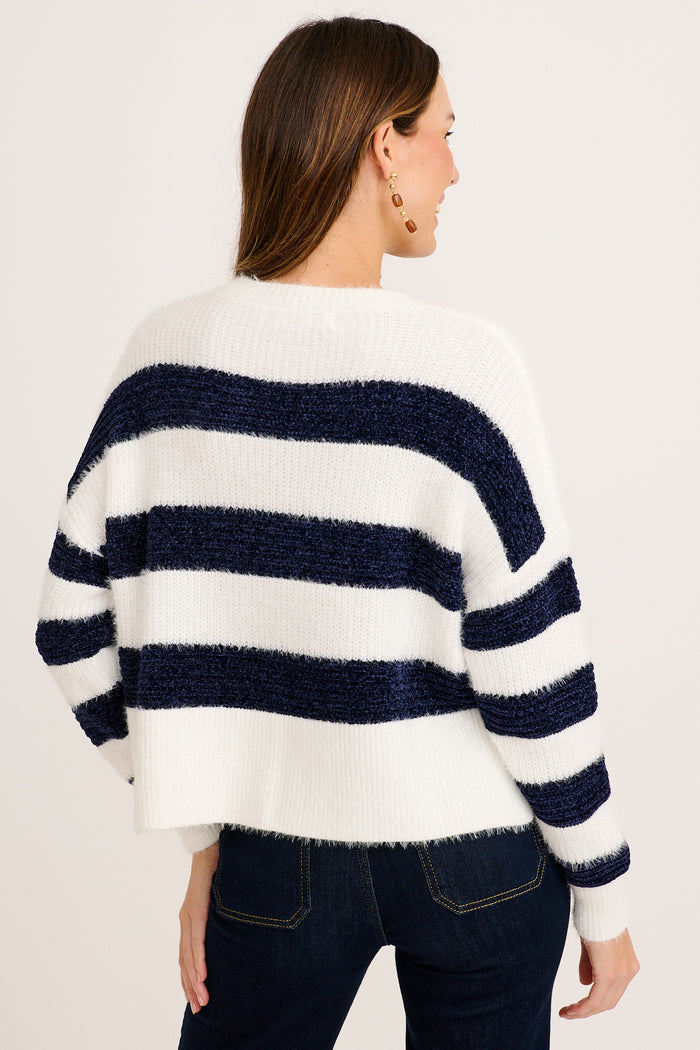 Joya Knit in White with Navy Stripe back