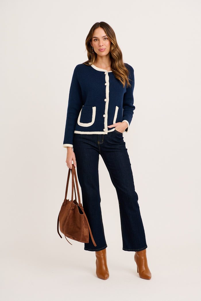 Grainne Knit Cardigan in Navy Wool Blend full length
