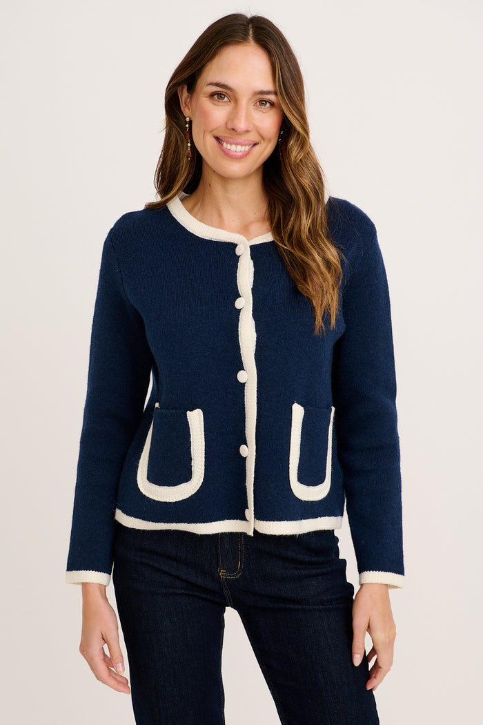 Grainne Knit Cardigan in Navy Wool Blend front