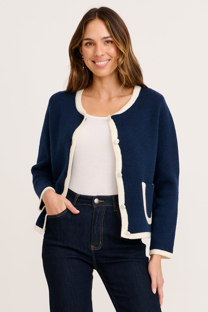Grainne Knit Cardigan in Navy Wool Blend front