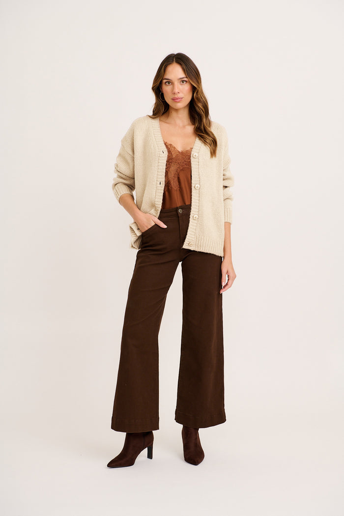 Soft Motion Knit Cardigan in Beige full length