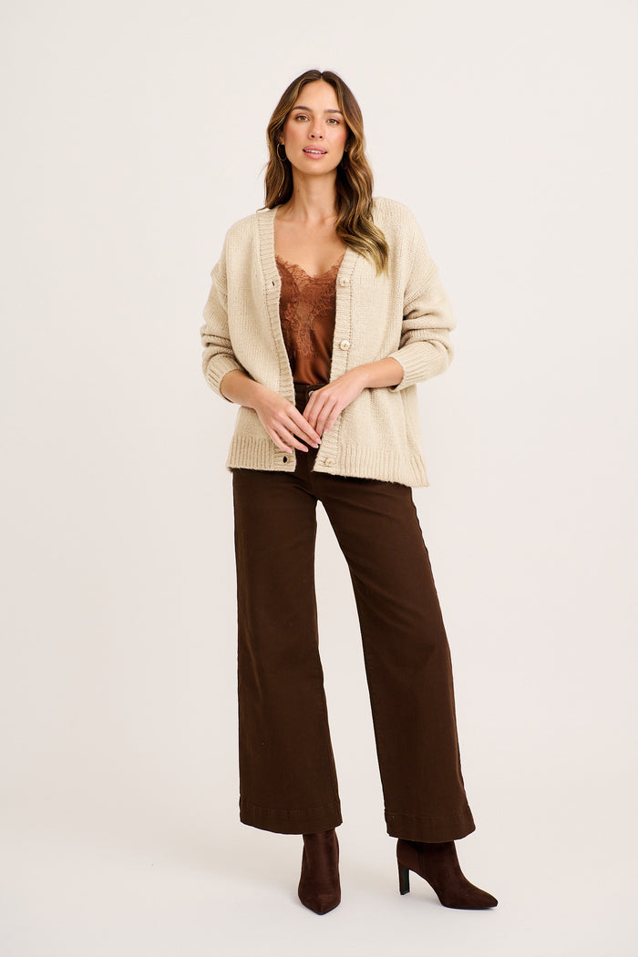 Soft Motion Knit Cardigan in Beige full length