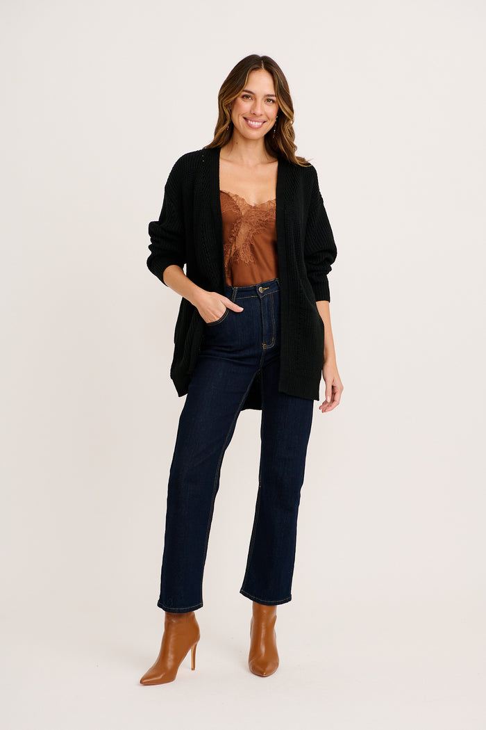 Sita Knit Cardigan in Black Wool Blend full length