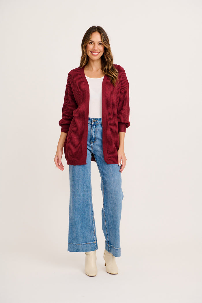 Rani Knit Cardigan in Burgundy Wool Blend full length