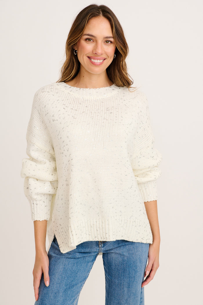 Foille Knit in White with Silver Speckle front