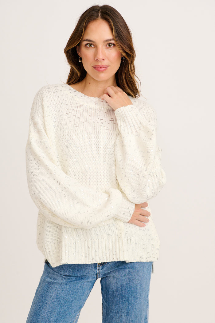 Foille Knit in White with Silver Speckle front