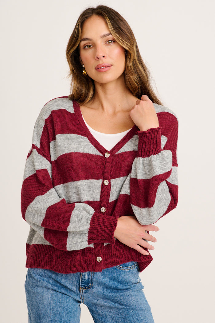 Whimsy Knit Cardigan in Wine with Grey Stripe front