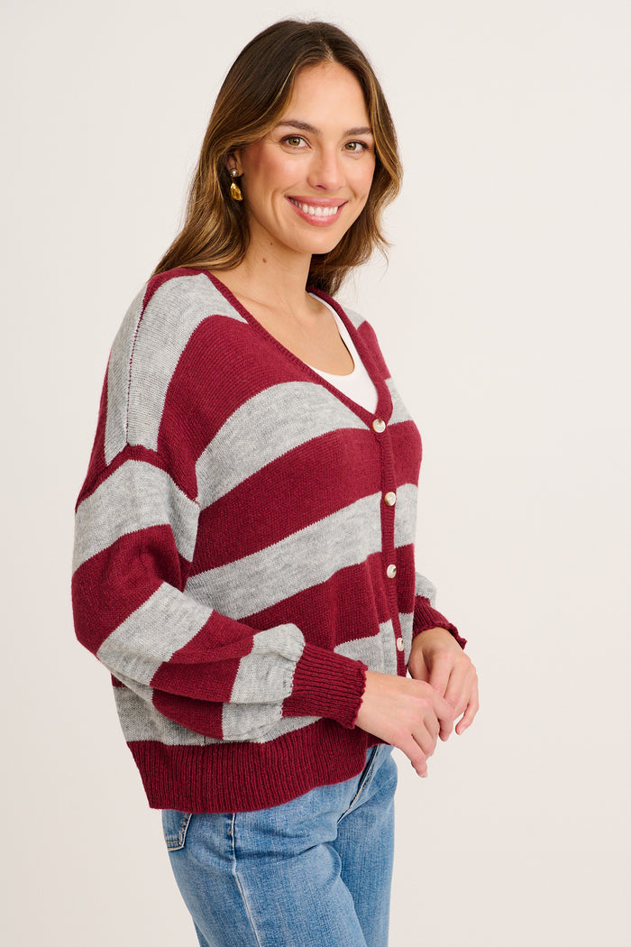 Whimsy Knit Cardigan in Wine with Grey Stripe side