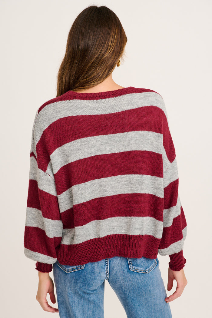Whimsy Knit Cardigan in Wine with Grey Stripe back