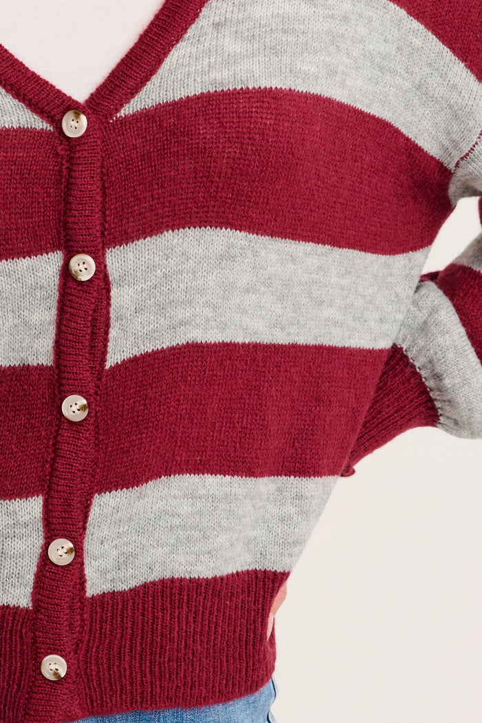 Whimsy Knit Cardigan in Wine with Grey Stripe detail