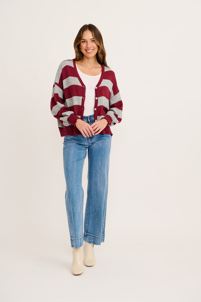 Whimsy Knit Cardigan in Wine with Grey Stripe full length