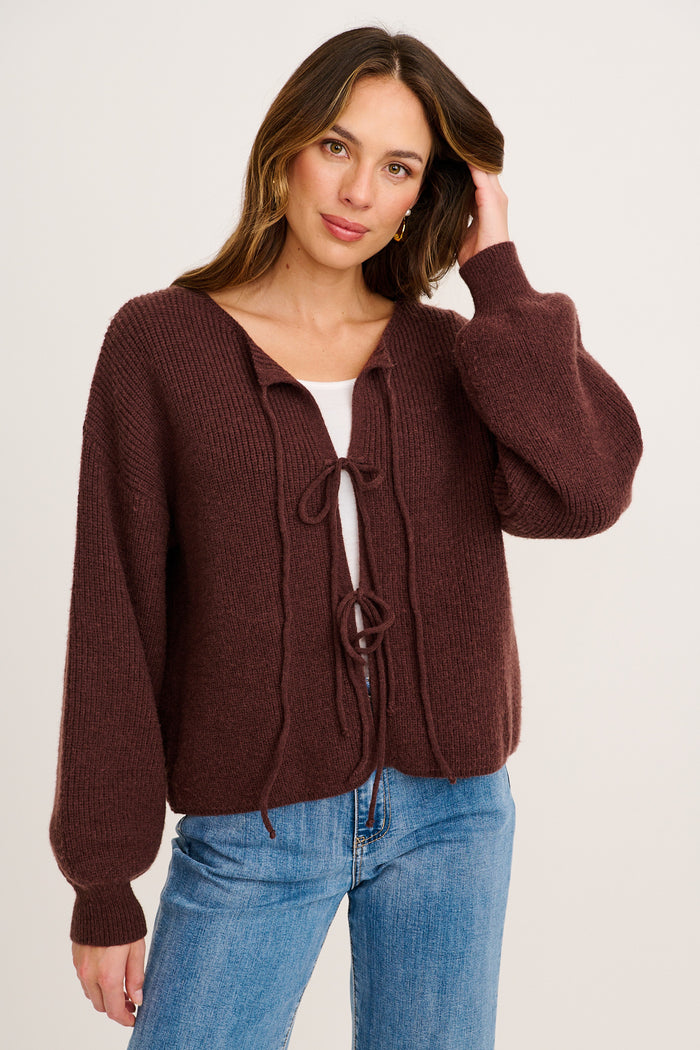 Sweet Memory Tie Front Knit Cardigan in Chocolate front