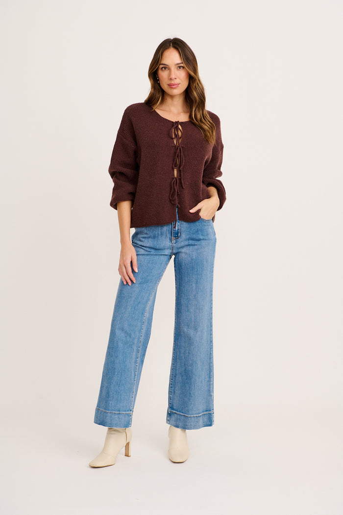 Sweet Memory Tie Front Knit Cardigan in Chocolate full length