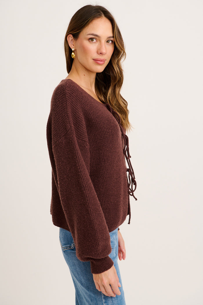 Sweet Memory Tie Front Knit Cardigan in Chocolate side