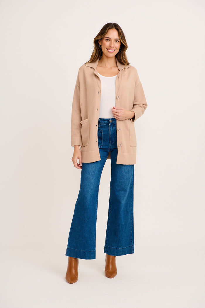 Meera Knit Cardigan in Beige Cotton Blend full length