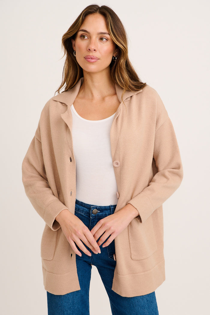 Meera Knit Cardigan in Beige Cotton Blend front