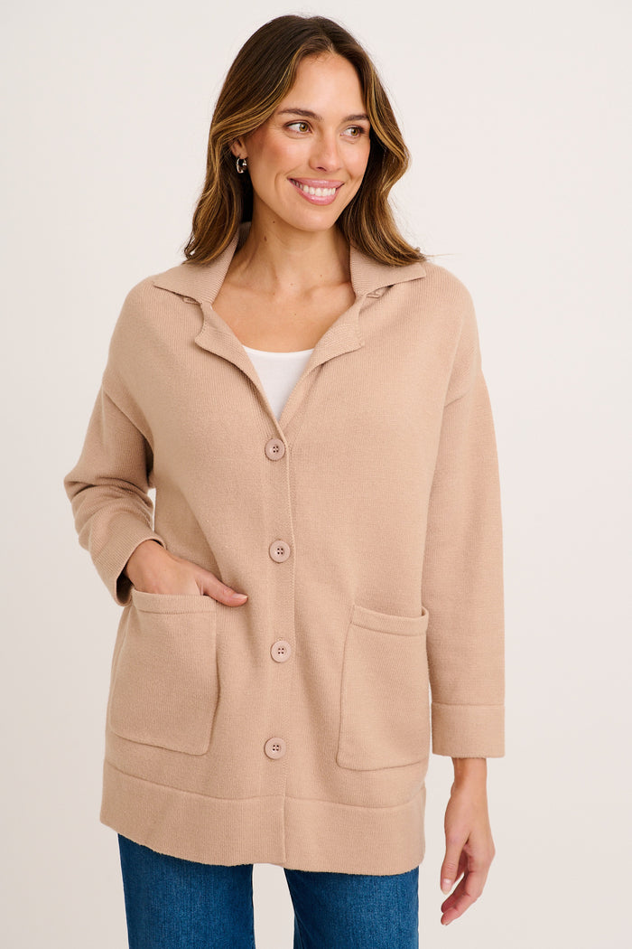 Meera Knit Cardigan in Beige Cotton Blend front