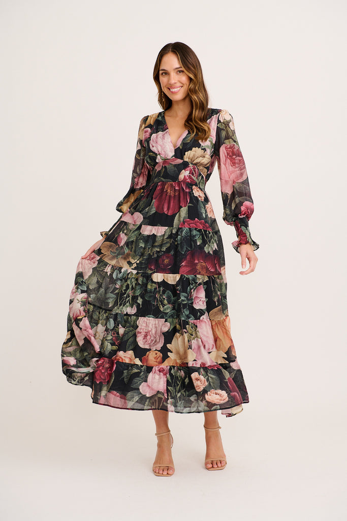 chinese dress ladies Floral Chiffon Maxi Dress  Burgundy