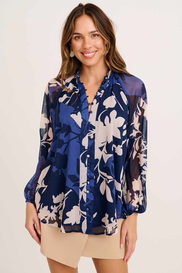 Melina Top in Navy and Blue Floral Chiffon front