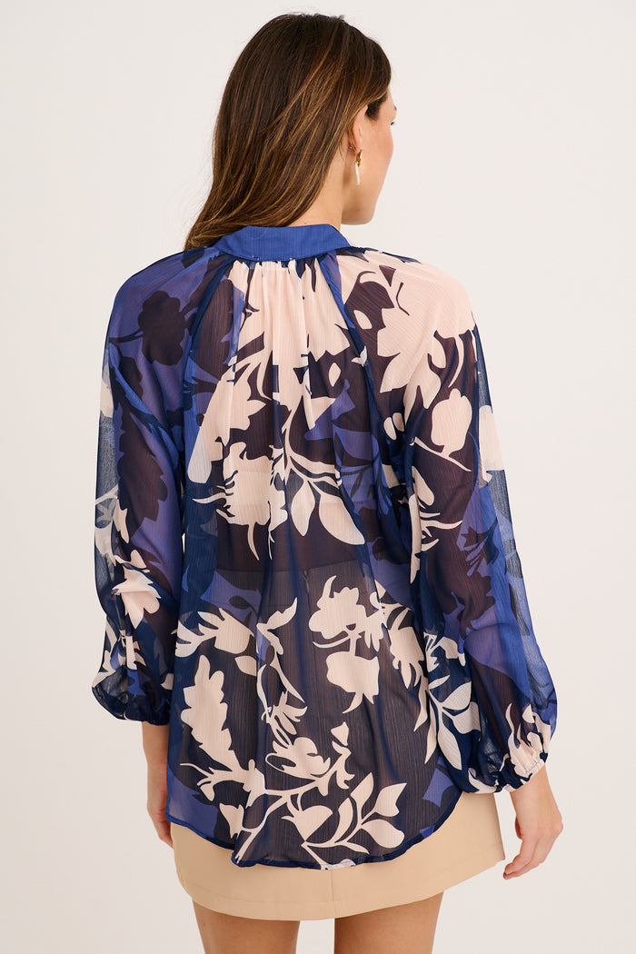 Melina Top in Navy and Blue Floral Chiffon back