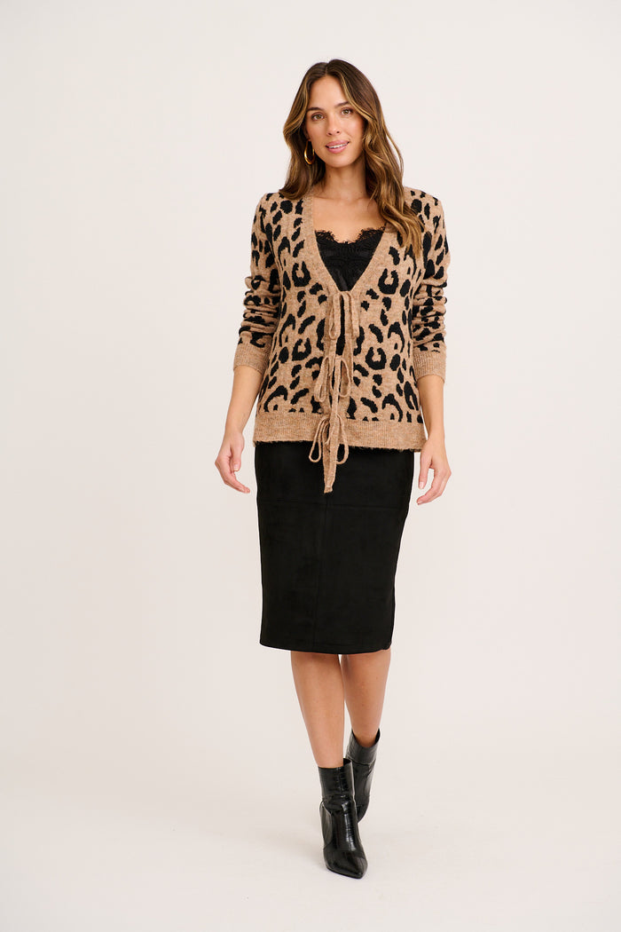 Long Lasting Tie Front Knit Cardigan in Brown Leopard Wool Blend full length