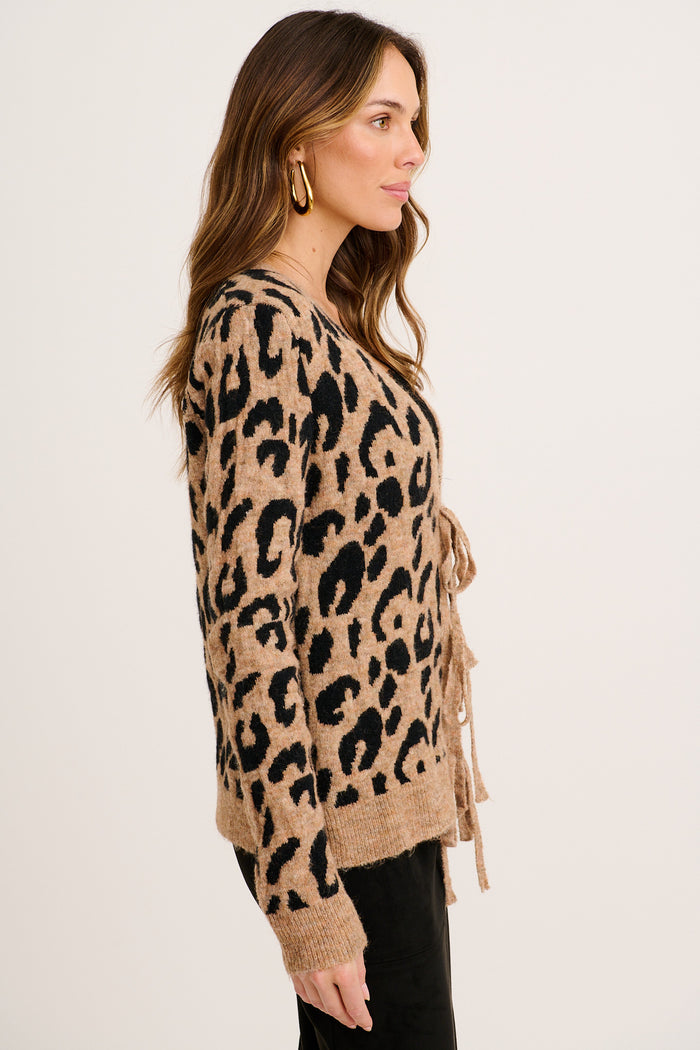Long Lasting Tie Front Knit Cardigan in Brown Leopard Wool Blend side