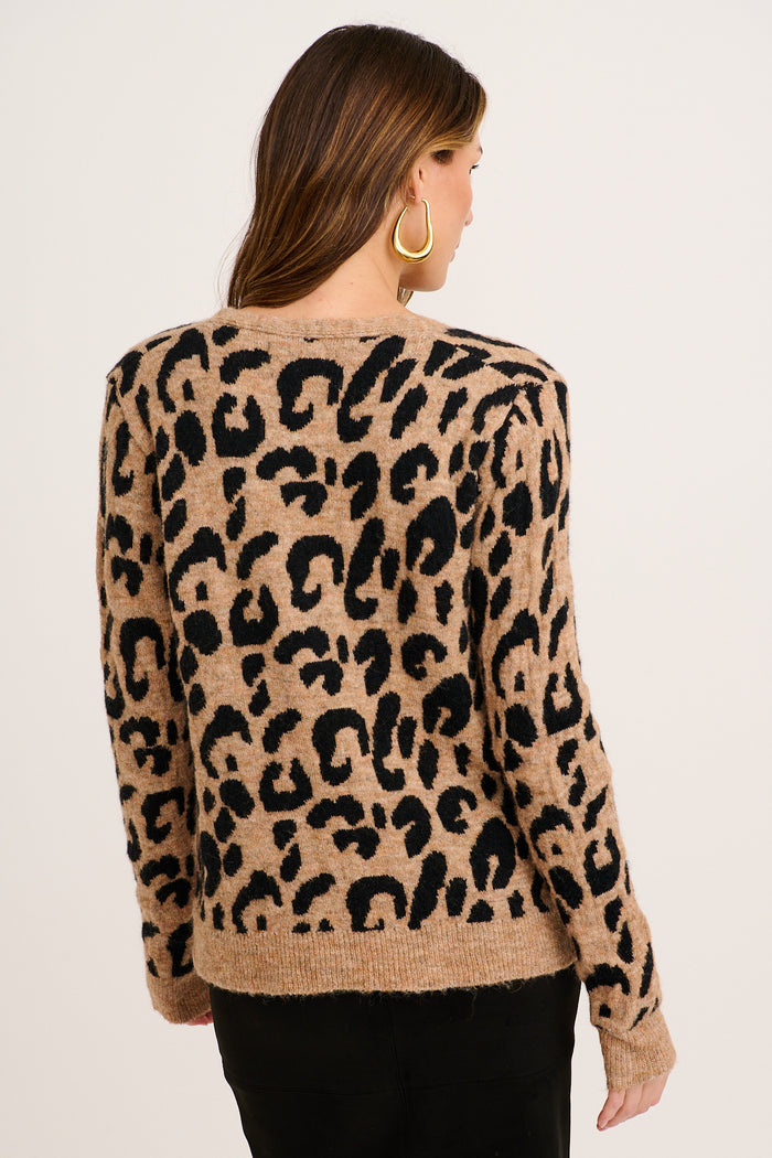 Long Lasting Tie Front Knit Cardigan in Brown Leopard Wool Blend back