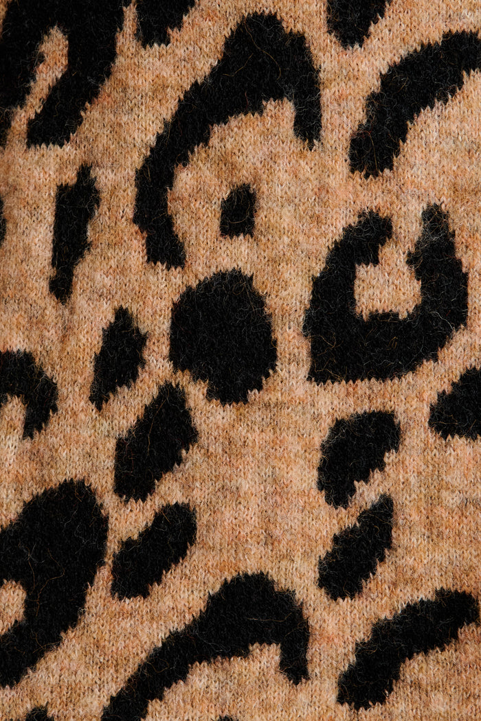 Long Lasting Tie Front Knit Cardigan in Brown Leopard Wool Blend fabric
